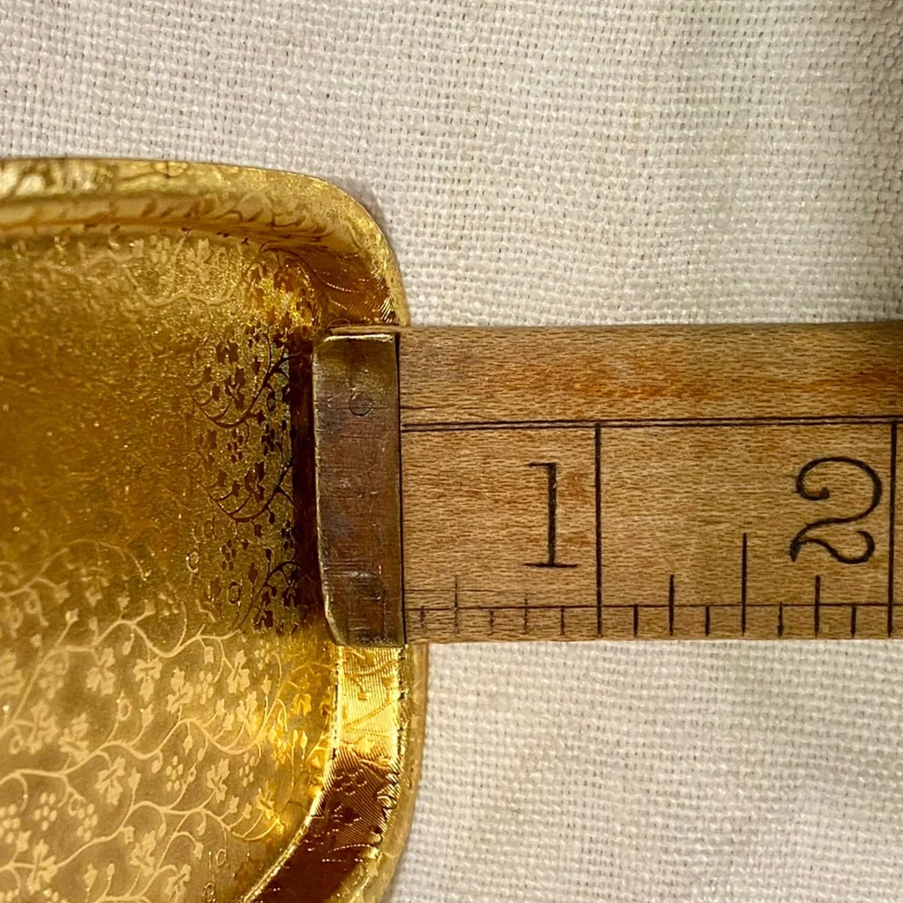 Vintage Gold Metal Rectangular Mini Tray with delicate leaf pattern.